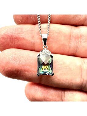 14K White Necklace Gold Mystic Topaz Diamond Pendant Estate Jewelry